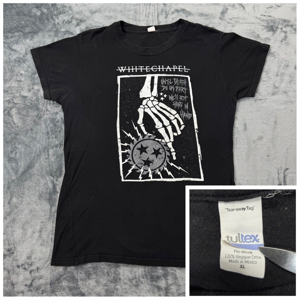 Y2K Whitechapel Band T-Shirt Women XL Black Skeleton Graphic Tee Metal Deathcore